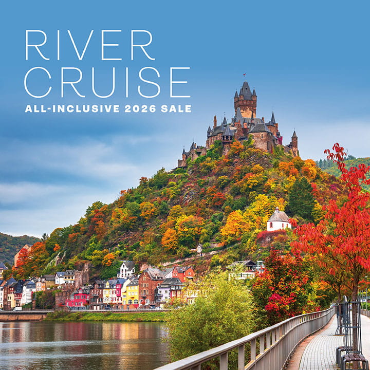 The words 'River Cruise all-inclusive 2026 sale' in white overlaid on an image of Cochem, Germany